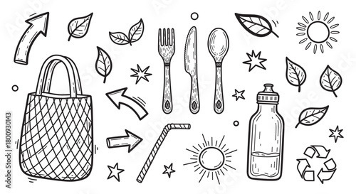 A collection of hand-drawn doodle icons representing a zero-waste and sustainable lifestyle, featuring a reusable bag, bottle, cutlery, and recycling symbol on a beige background