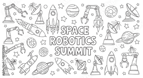 A detailed black and white doodle illustration featuring numerous space and robotics elements like rockets, planets, satellites, and robotic arms, conveying a theme of futuristic technology