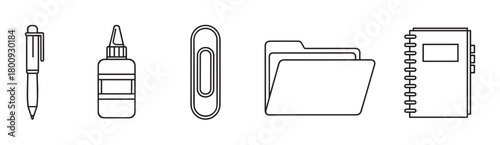 A set of minimalist black and white line art icons depicting various office and school supplies, including a pen, glue, paperclip, folder, and notebook, isolated on a white background