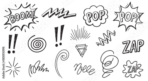 A diverse set of hand-drawn comic book style elements, featuring expressive onomatopoeia, speech bubbles, and abstract doodle shapes isolated on a clean white background