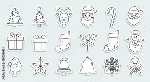 Christmas holiday vector icons set christmas tree santa claus reindeer gift stocking snowflake bell candy
