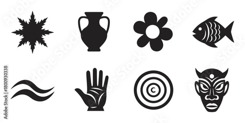 A diverse collection of eight black silhouette icons on a white background, including a spiky leaf, amphora, flower, fish, waves, hand, spiral, and a tribal mask