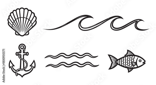 A collection of black and white nautical icons, including a seashell, anchor, fish, and ocean waves, isolated on a white background for graphic design or illustration