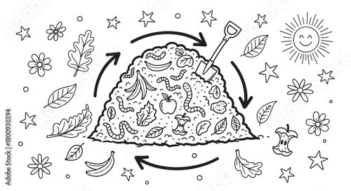 Educational doodle-style drawing of a compost pile with earthworms and organic matter, illustrating the eco-friendly process of recycling food waste into rich soil