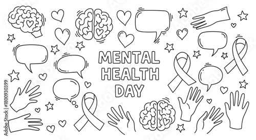 A set of hand-drawn doodle icons for a mental health awareness event, featuring brains, hearts, support ribbons, and speech bubbles in a simple black and white line art style