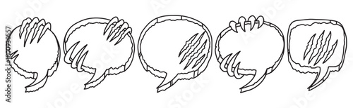 A collection of hand-drawn monstrous speech bubbles with scary claw marks and scratches, isolated on a white background in a black and white comic book line art style
