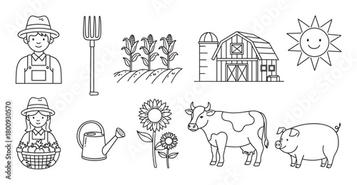 A collection of cute farm-themed line art icons, including farmers, a barn, cow, pig, corn, and sunflowers, presented as a simple black and white doodle set for coloring