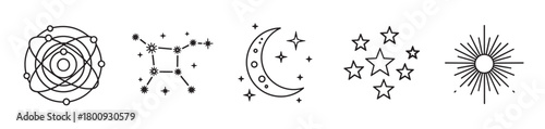 A collection of celestial and esoteric symbols including a solar system, constellation, crescent moon, stars, and sun, rendered in a minimalist black line art style on a white background