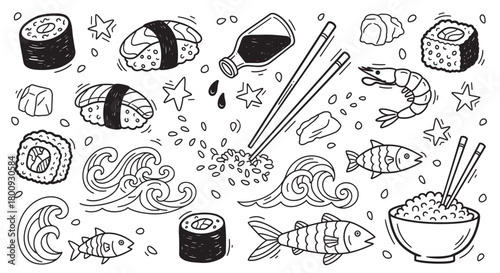 A cheerful pattern of hand-drawn Japanese food illustrations, including sushi, nigiri, fresh fish, shrimp, chopsticks, soy sauce, and rice, rendered in a simple outline doodle style