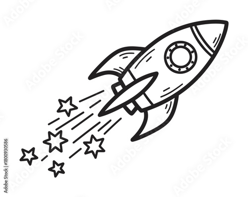 A hand-drawn doodle of a cartoon rocket ship launching into space with stars trailing behind, symbolizing startup, innovation, and business growth, isolated on a white background