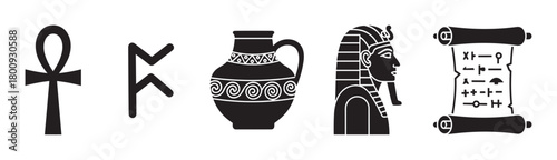 A graphic set of black icons representing ancient history and archaeology, with a pharaoh, ankh, scroll, decorated amphora, and a runic symbol isolated on a white background