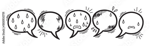 A set of hand-drawn doodle speech bubbles expressing sadness, crying, and despair, representing negative emotions and mental health concepts on a white background