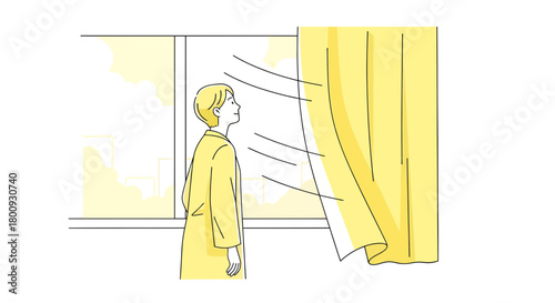 Person Gazing Out The Window With Flowing Curtains On A Sunny Day