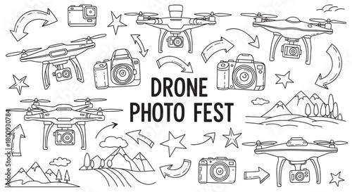 A charming doodle set in black and white line art style featuring various drones, cameras, arrows, and nature scenes, illustrating the concept of aerial photography and videography