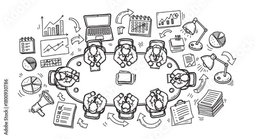 A hand-drawn doodle illustration showing an overhead view of a corporate team meeting, surrounded by icons representing business strategy, data analysis, and project planning