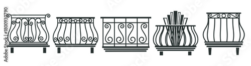 A horizontal row of five distinct black silhouette balcony railings, showcasing various decorative architectural balustrade designs as vector icons on a clean white background