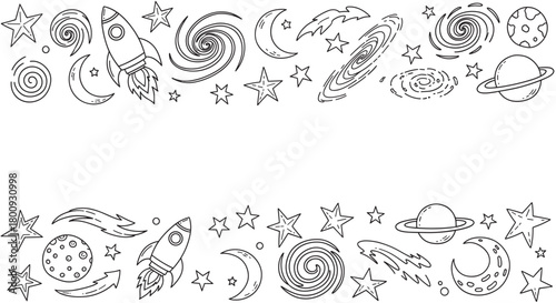 Whimsical outer space doodle border with hand-drawn rockets, planets, stars, and galaxies, presented as a black and white line art illustration on a clean, isolated background