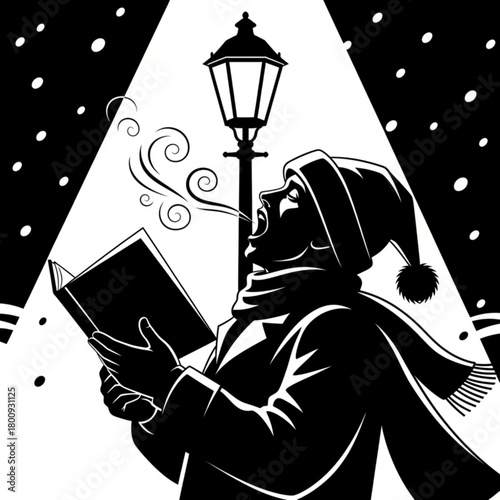 Black and white graphic illustration of a man singing Christmas carols.