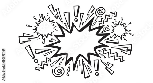 A hand-drawn comic book style explosion with a blank speech bubble in the center, surrounded by dynamic doodles like lightning bolts and exclamation marks on a beige background