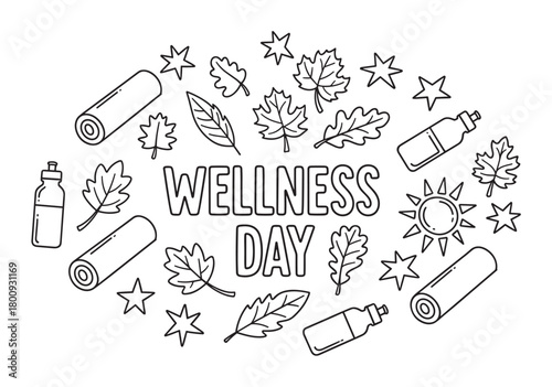 A black and white doodle illustration celebrating Wellness Day with hand-drawn yoga mats, water bottles, autumn leaves, and stars on a clean white background