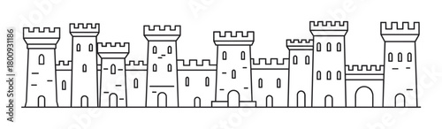 A minimalist black line art illustration of a long medieval castle with multiple towers and battlements, representing a historic fortress or fantasy kingdom on a white background