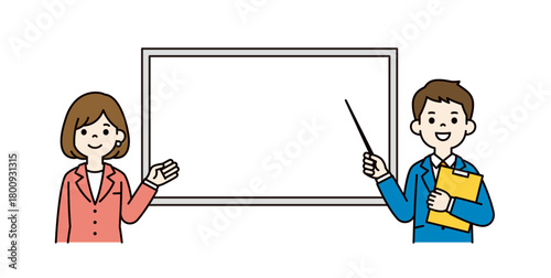 ホワイトボードと、指示棒を持って説明するビジネスマンの上半身ベクターイラスト素材＿カラー