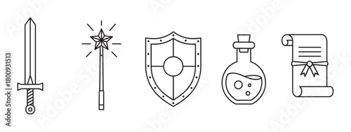 A set of fantasy role-playing game icons with a sword, magic wand, shield, potion, and scroll, illustrated in a clean, minimalist black line art style on a white background