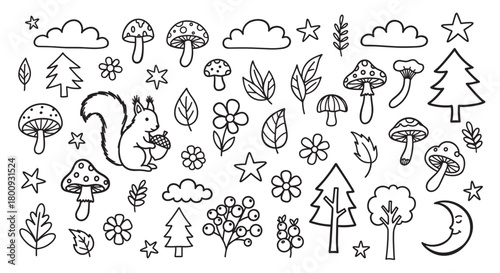 Charming set of hand-drawn woodland doodles featuring a cute squirrel, mushrooms, trees, and celestial elements like stars and a moon, isolated on a light background