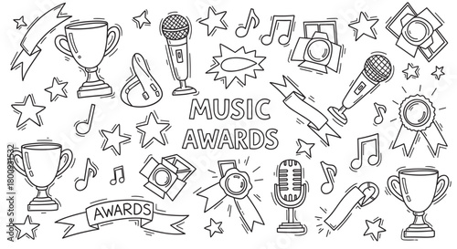 A collection of hand-drawn doodle illustrations on a white background, featuring trophies, microphones, stars, and musical notes for a festive music awards ceremony concept