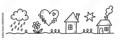 A whimsical hand-drawn doodle banner featuring a cute landscape with houses, a loving heart, a flower, a rainy cloud, and a star, all connected by a single line on a white background