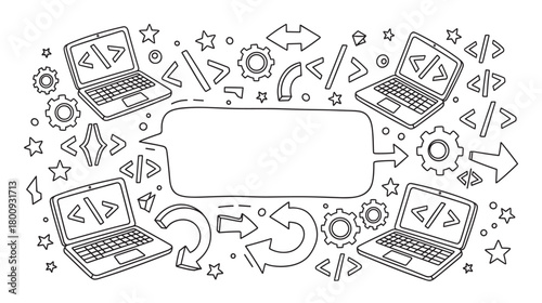 Hand-drawn doodle illustration of laptops, code symbols, and gears surrounding a central speech bubble, representing software development, programming, and IT communication