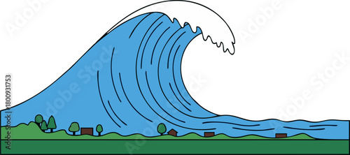 Tsunami and extreme weather illustration. Clean line design of climate crisis and sea disaster.