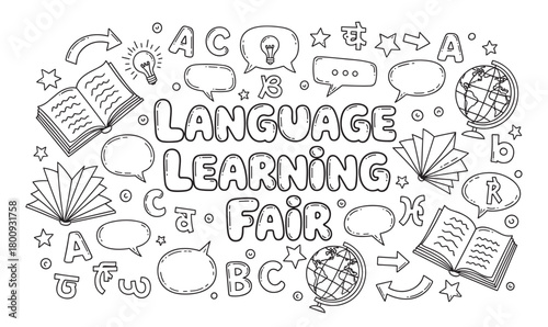Hand-drawn black and white illustration with 'Language Learning Fair' text, featuring educational doodles like books, globes, and letters from various international alphabets
