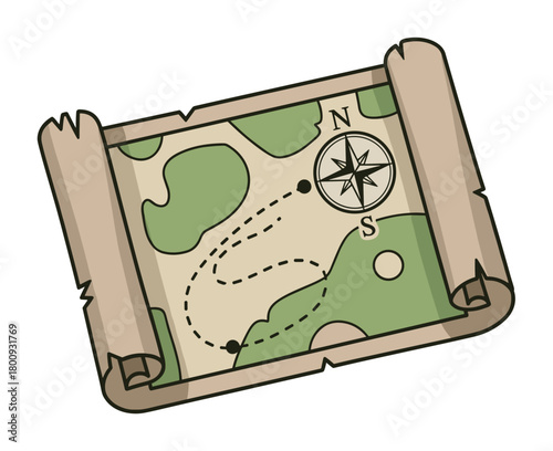 Vintage cartoon treasure map on an ancient parchment scroll with a compass rose and a dotted route, isolated on a white background, representing a quest or journey