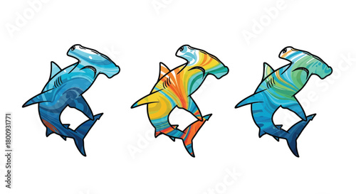 Three colorful hammerhead sharks swimming together, creating a vibrant and eyecatching marine life illustration