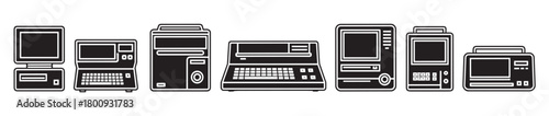 A collection of vintage personal computers from a bygone era, depicted as black and white icons in a minimalist graphic style and isolated on a white background