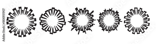 Set of five abstract circular sunburst shapes hand-drawn with rough ink brush strokes, isolated on a white background as minimalist graphic design elements or frames