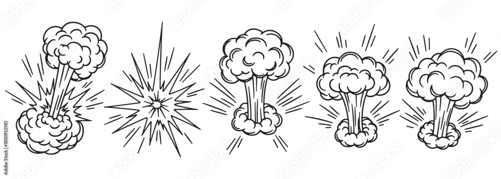 Fototapeta premium A set of hand-drawn comic book style explosion icons, featuring mushroom clouds and burst effects, isolated on a clean white background for graphic design elements