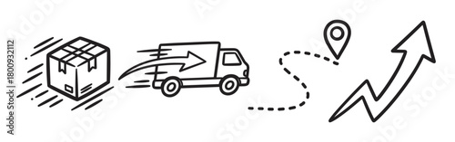 A set of hand-drawn black and white icons representing fast shipping, delivery truck, package tracking route, and business growth, isolated on a white background