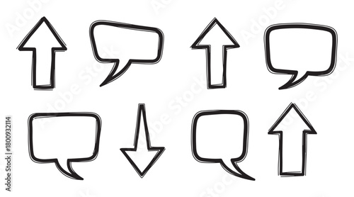 A collection of hand-drawn black and white doodle icons, including various speech bubbles and arrows pointing up and down, isolated on a clean white background for design projects