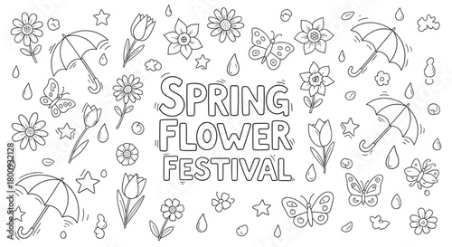 A playful black and white line art banner with seasonal festive text, surrounded by a pattern of cute hand-drawn doodles like flowers, butterflies, umbrellas, and raindrops