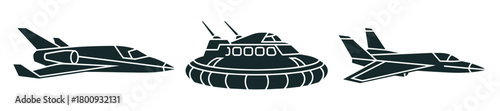 A collection of science fiction transportation silhouettes, including two sleek fighter jets and a central hovercraft, presented as a graphic icon set for futuristic technology concepts