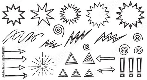 A diverse collection of hand-drawn doodle elements in a sketchy black and white style, featuring arrows, starbursts, spirals, and exclamation marks isolated on a white background