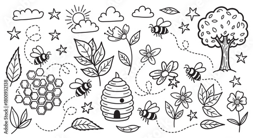 A charming collection of hand-drawn doodle illustrations featuring cute bees, a beehive, honeycomb, flowers, and other nature elements in a simple black line art style