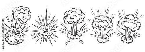 A set of hand-drawn comic book style explosion icons, featuring mushroom clouds and burst effects, isolated on a clean white background for graphic design elements