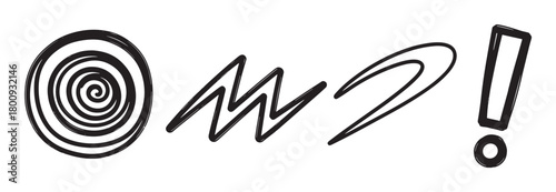 A set of four hand-drawn black doodle symbols, including a spiral, zigzag, swoosh, and exclamation mark, isolated on a white background for graphic design elements