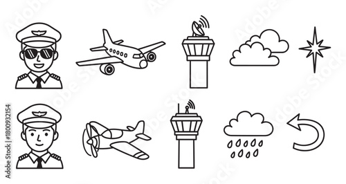 A collection of black and white line art icons representing aviation themes like pilots, airplanes, air traffic control towers, and weather symbols, isolated on a clean white background