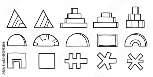 A collection of hand-drawn geometric shapes and abstract symbols in a minimalist black and white doodle style, featuring triangles, pyramids, arches, and squares isolated on a white background