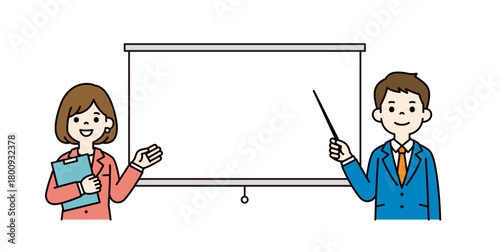 スクリーンと、ポインターを持って説明する男性社員の上半身ベクターイラスト素材＿カラー