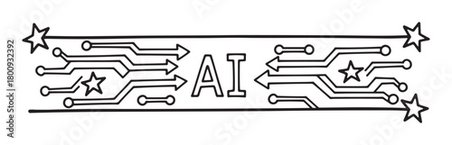 Simple doodle-style banner with the acronym AI at the center, featuring electronic circuit pathways, data flow arrows, and stars on a clean white background